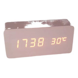 Relógio Digital Led Cabeceira Branco Termômetro Madeira 15cm