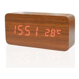 Relógio Digital Led Cabeceira Com Termômetro Estilo Madeira