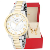 Relógio Feminino Champion Bicolor Cn25118 Kit Joias Bisel Dourado