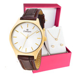Relógio Feminino Champion Dourado Couro Kit