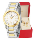Relógio Feminino Champion Mini Pequeno Bicolor Kit Joias Bisel Dourado