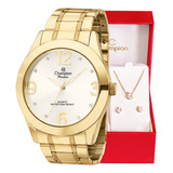 Relógio Feminino Champion Original Dourado Kit Colar Brincos Cor Do Fundo Branco