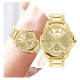 Relógio Feminino De Pulso Analógico Com Pulseira E Caixa De Aço Inoxidável Dourado Movimento Quartzo Resiste À Água Em 5 Atm Redondo Com Strass Luxo Elegante Fashion Eu2115ax 4j Euro