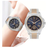 Relógio Feminino De Pulso Analógico Com Pulseira E Caixa De Aço Inoxidável Prata Rosé E Azul Movimento Quartzo Resiste À Água Em 5 Atm Redondo Com Strass Luxo Elegante Fashion Eu2115ax 4j Euro