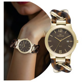 Relógio Feminino De Pulso Analógico Com Pulseira Trançada E Caixa Em Aço Inoxidável Com Resistência À Água Em 5 Atm Dourado E Marrom Redondo Delicado Luxo Elegante Fashion - Technos 2115tut/1m