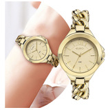 Relógio Feminino De Pulso Analógico Dourado Redondo Delicado Luxo Elegante Fashion Com Caixa E Pulseira Em Aço Inoxidável Com Resistência À Água Em 5 Atm Eu2033bk 4d Euro