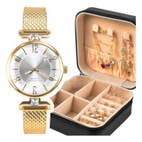Relogio Feminino Delicado Folheado Ouro Analógico Aço Jóias