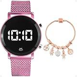 Relógio Feminino Digital Led Rosa Silicone Aço Pulseira Social Casual Presente Moda Qualidade Premium