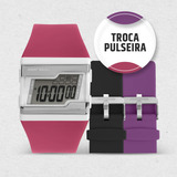 Relógio Feminino Digital Troca Pulseira Com Kit Pulseira Silicone Na Cor Rosa Preto E Roxo À Prova D Água Resistência 10 Atm C Cronômetro Alarme Calendário E Iluminação Noturna Fzna t8t Mormaii