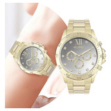 Relógio Feminino Dourado De Pulso Analógico Movimento Quartzo Com Pulseira E Caixa Em Aço Inoxidável Resistente À Água 5 Atm Redondo Luxo Elegante Fashion Social Casual Euvd34ae 4d Euro