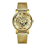 Relógio Feminino Esqueleto Aço Inoxid. Dourado Prata Preto 
