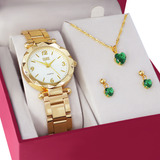 Relógio Feminino Kit Colar Brincos Folheado Ouro 18k