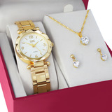 Relógio Feminino Kit Colar Brincos Folheado Ouro 18k