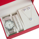 Relógio Feminino Kit Colar Brincos Pulseira Folheado A Ouro