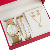 Relógio Feminino Kit Colar Brincos Pulseira Folheado A Ouro