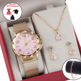 Relógio Feminino Kit Colar Pulseira Brincos Folheado A Ouro