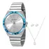 Relógio Feminino Mondaine Prateado Luxo + Colar E Brincos Bisel Azul-celeste