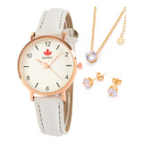 Relógio Feminino Quebec Qb001 Pulseira De Couro Branca Kit Semi Joias Para Presente
