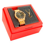 Relógio Feminino Todo Dourado Kit Social Colar Tuguir + Kit