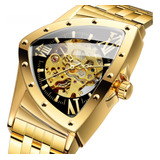 Relógio Forsining Triângulo Automático Dourado 18k Esqueleto