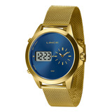 Relógio Lince Masculino Anadigi Dourado Mag4722l Mesh Cor Do Fundo Azul