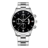 Relógio Masculino Aço Inox Quartz Minimalista Prova D água Correia Prata Bisel Prata Fundo Preto