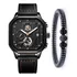 Relógio Masculino Casual Couro Luxo Cronógrafo Kit Bracelete Correia Preto Bisel Preto Fundo Preto