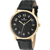 Relógio Masculino Champion Executivo Couro Luxo Original Cor Da Correia Preto Cor Do Bisel Dourado Cor Do Fundo Preto
