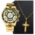 Relógio Masculino + Colar Pingente Cruz Pai Nosso Masculino Correia Dourado
