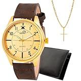 Relógio Masculino De Couro Dourado Com Colar De Ouro Conjunto Elegante E Sofisticado