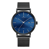 Relógio Masculino De Pulso Minimalista Moderno Vanglore 3288a Preto Visor Azul 40 Mm Aço Inoxidável Selecty Social Esporte Fino
