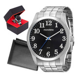 Relógio Masculino Mondaine Original Barato Brinde Carteira Cor Da Correia Prata Cor Do Bisel Prata Cor Do Fundo Preto 2