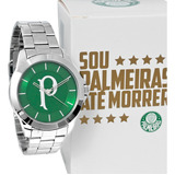 Relógio Masculino Palmeiras Oficial Verdão Original Social Cor Da Correia Prateado Cor Do Bisel Prateado Cor Do Fundo Verde