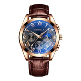 Relógio Masculino Social Dourado De Luxo Pulseira Em Couro Cor Da Correia Marrom Cor Do Fundo Azul escuro