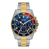 Relógio Masculino Solartech Orient Prata Coleção Exclusiva Correia Prateado dourado Bisel Azul vermelho dourado Fundo Azul