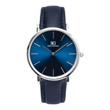 Relógio Minimalista Azul Pulseira De Couro