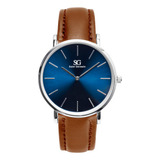 Relógio Minimalista Marrom Pulseira De Couro Bronx Blue 40mm Cor Do Bisel Prateado Cor Do Fundo Azul