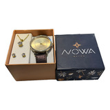 Relogio Nowa Dourado Couro Feminino Nw1410k Kit Brinde