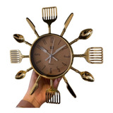 Relógio Parede P  Cozinha Formato Talheres Quartz Dourado