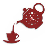 Relógio Parede Silencioso 3d Bule Xicara Cozinha Vermelho