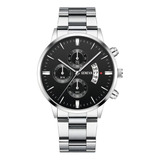 Relógio Pulso Masculino Geneva Calendário Cor Da Correia Prateado Cor Do Bisel Prateado Cor Do Fundo Preto