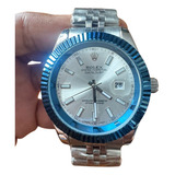 Relogio Rolex Masculino Datejust Prata Com Prata Bisel Azul