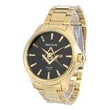Relogio Seculus Masculino Dourado Long Life Maçonaria 44116 Cor Do Fundo Preto