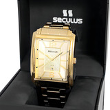 Relogio Seculus Masculino Dourado Quadrado Grande 50m