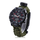 Relógio Tático Sobrevivência Paracord Pederneira Bussola 5x1 Correia Militar Verde Preto Bisel Padrão Fundo Preto