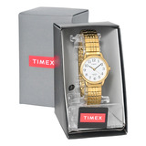 Relógio Timex Indiglo Feminino Dourado Pequeno Elastico Cor Do Fundo Branco