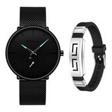 Relógio Ultra Fino Masculino Casual Luxo Pulseira Metal