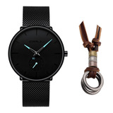 Relógio Ultra Fino Masculino Luxo Casual Colar Dois Anéis
