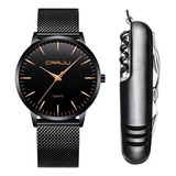 Relógio Ultra Fino Masculino Luxo Preto E Dourado Canivete