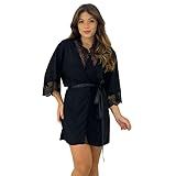 Robe Robby Roupão Microfibra Renda Kimono Feminino Beatriz BR Alfa M Regular Regular Preto